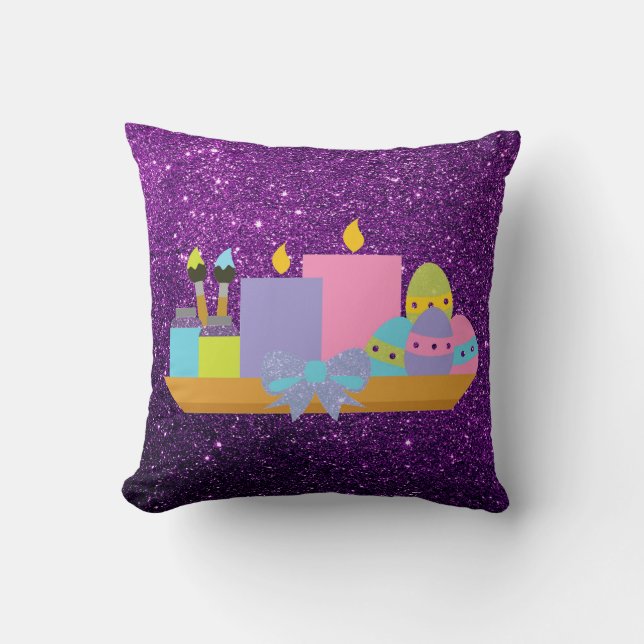 Colorful Easter Eggs & Candles Purple Faux Glitter Throw Pillow (Front)