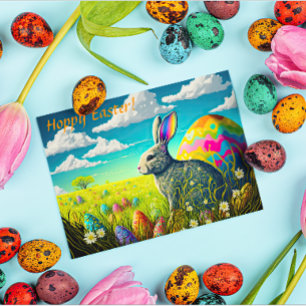 Colorful Easter Eggs & Easter Bunny in Meadow Holiday Postcard
