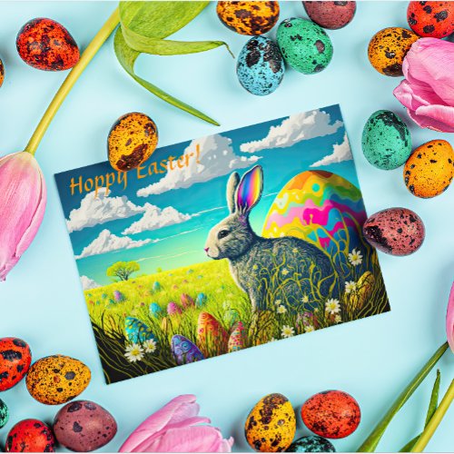 Colorful Easter Eggs  Easter Bunny in Meadow Holiday Postcard