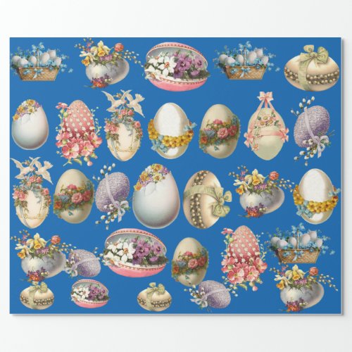 COLORFUL EASTER EGGS FLOWERS WHITE DOVES IN BLUE WRAPPING PAPER