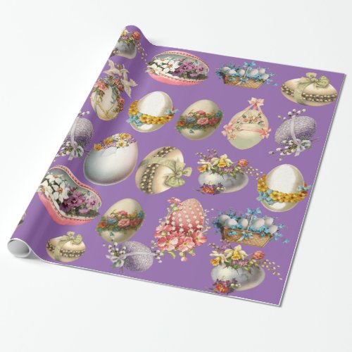 COLORFUL EASTER EGGSFLOWERSWHITE DOVES IN PURPLE WRAPPING PAPER