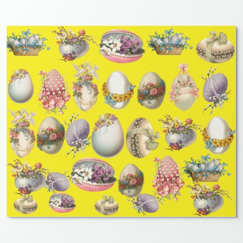 COLORFUL EASTER EGGSFLOWERSWHITE DOVES IN YELLOW WRAPPING PAPER
