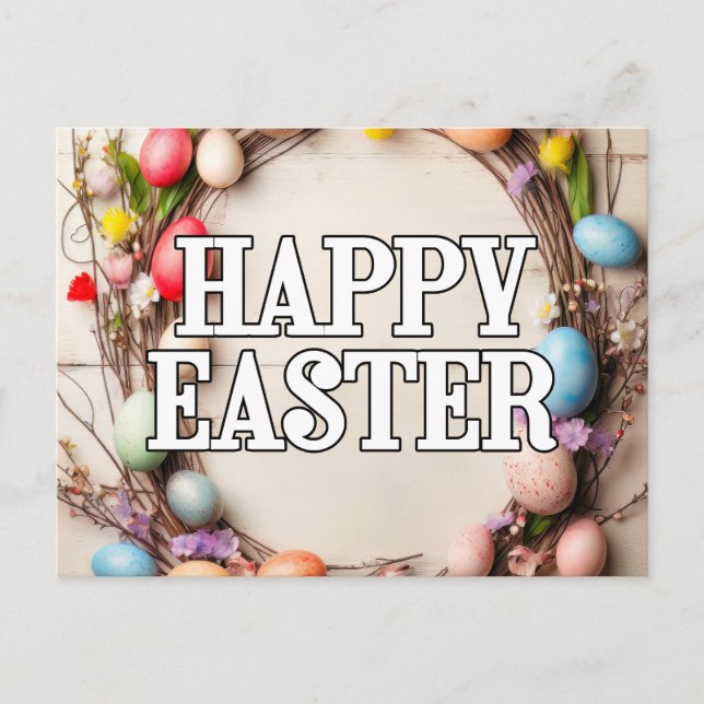 Colorful Easter Eggs & Flowers Wreath Collage Postcard (Front)