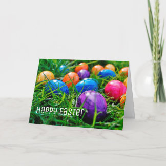 Colorful Easter Eggs on Grass Photo, Happy Easter Holiday Card
