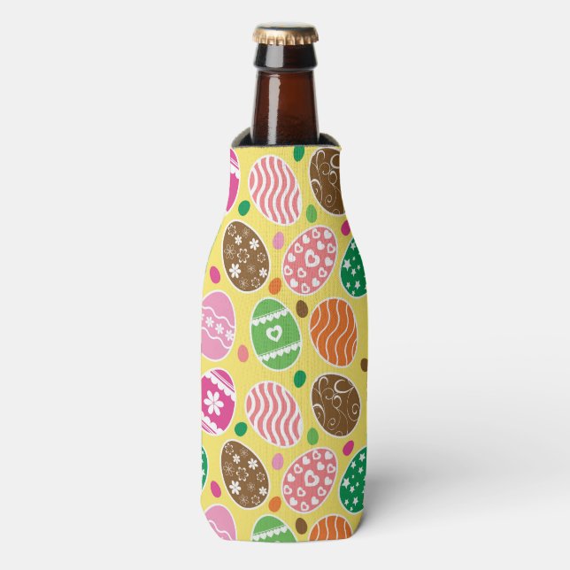 Colorful Easter Eggs Pattern Yellow Background Bottle Cooler (Bottle Front)