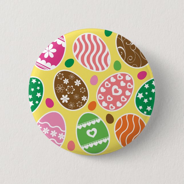 Colorful Easter Eggs Pattern Yellow Background Button (Front)