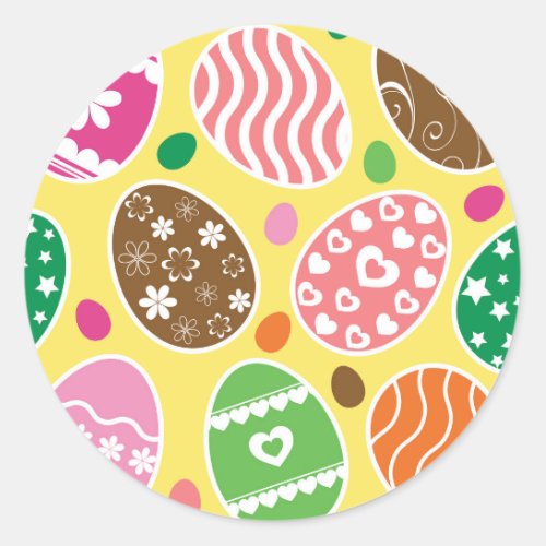 Colorful Easter Eggs Pattern Yellow Background Classic Round Sticker