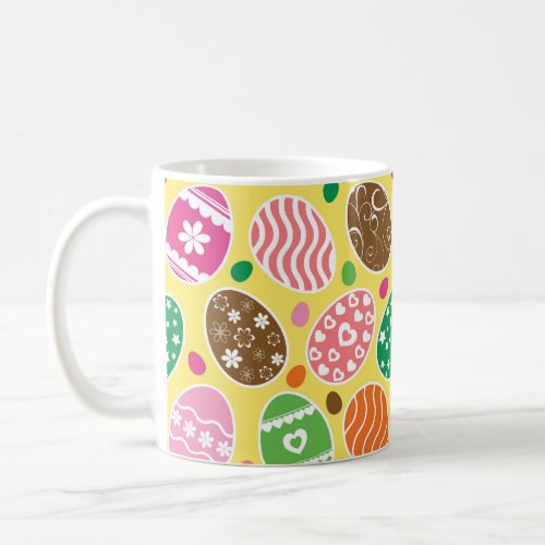 Colorful Easter Eggs Pattern Yellow Background Coffee Mug
