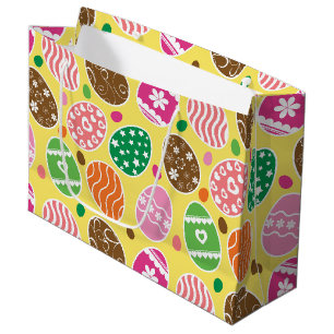 Colorful Easter Eggs Pattern Yellow Background Large Gift Bag