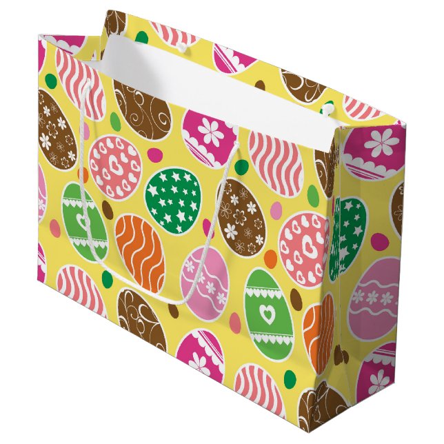 Colorful Easter Eggs Pattern Yellow Background Large Gift Bag (Front Angled)