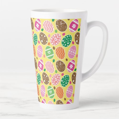 Colorful Easter Eggs Pattern Yellow Background Latte Mug
