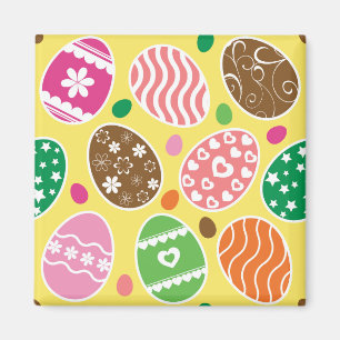 Colorful Easter Eggs Pattern Yellow Background Magnet