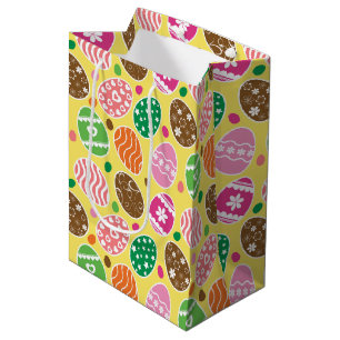 Colorful Easter Eggs Pattern Yellow Background Medium Gift Bag