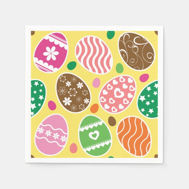 Colorful Easter Eggs Pattern Yellow Background Napkins (Front)