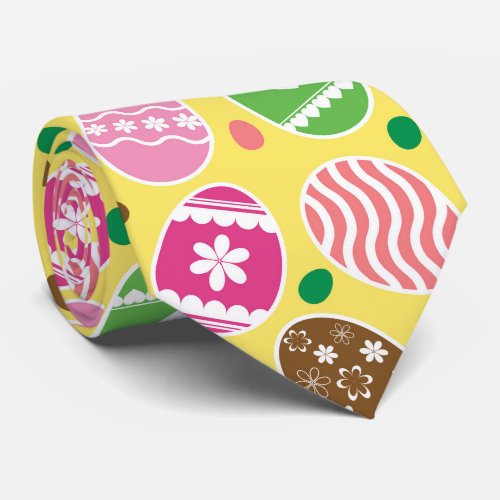 Colorful Easter Eggs Pattern Yellow Background Neck Tie
