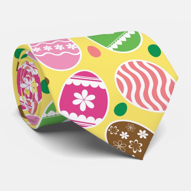 Colorful Easter Eggs Pattern Yellow Background Neck Tie (Rolled)