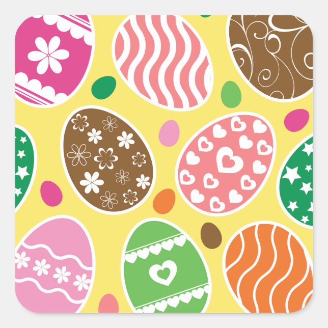 Colorful Easter Eggs Pattern Yellow Background Square Sticker (Front)