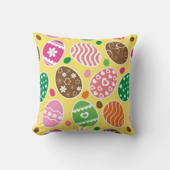Colorful Easter Eggs Pattern Yellow Background Throw Pillow (Front)
