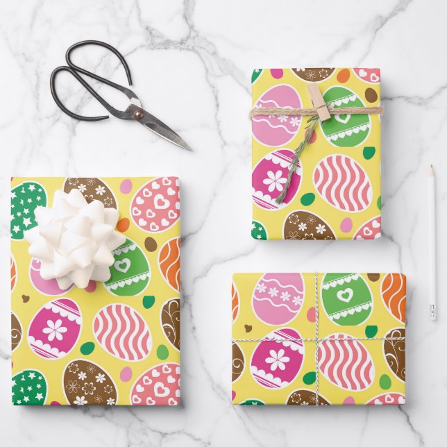 Colorful Easter Eggs Pattern Yellow Background Wrapping Paper Sheets (Front)