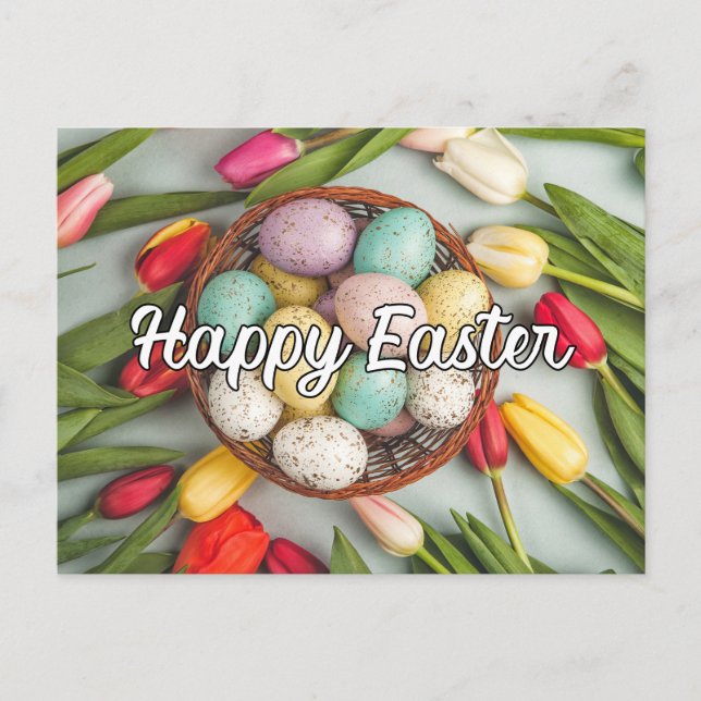 Colorful Easter Eggs & Tulip Flowers Collage Postcard (Front)