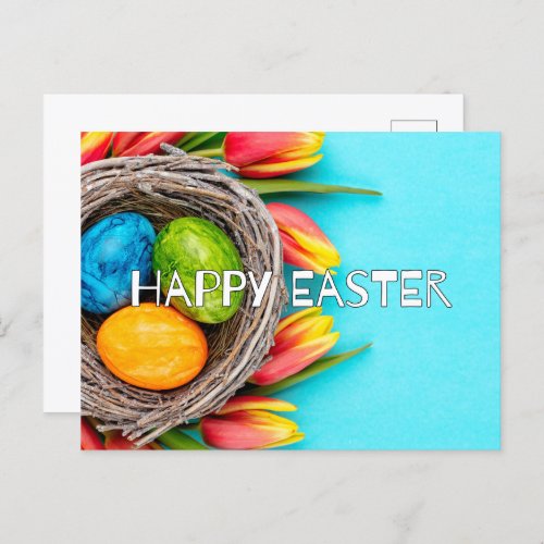 Colorful Easter Eggs  Tulip Flowers Postcard
