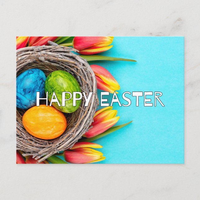 Colorful Easter Eggs & Tulip Flowers Postcard (Front)