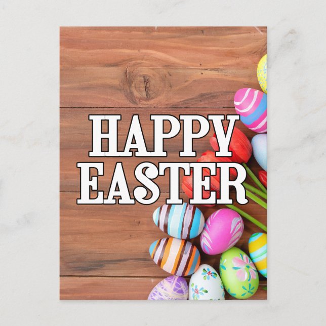 Colorful Easter Eggs & Tulip Flowers Postcard (Front)
