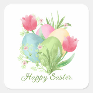 Colorful Easter Eggs Tulips Square Sticker