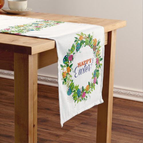 Colorful Easter Eggs Wreath And Stripes Medium Table Runner