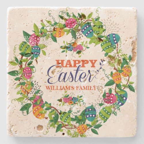 Colorful Easter Eggs Wreath Happy Easter Stone Coaster
