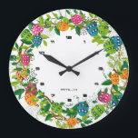 Colorful Easter Eggs Wreath Large Clock<br><div class="desc">Cool colorful easter eggs and spring flowers circle wreath with custom white background.</div>