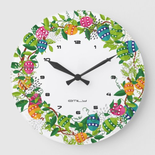 Colorful Easter Eggs Wreath Large Clock
