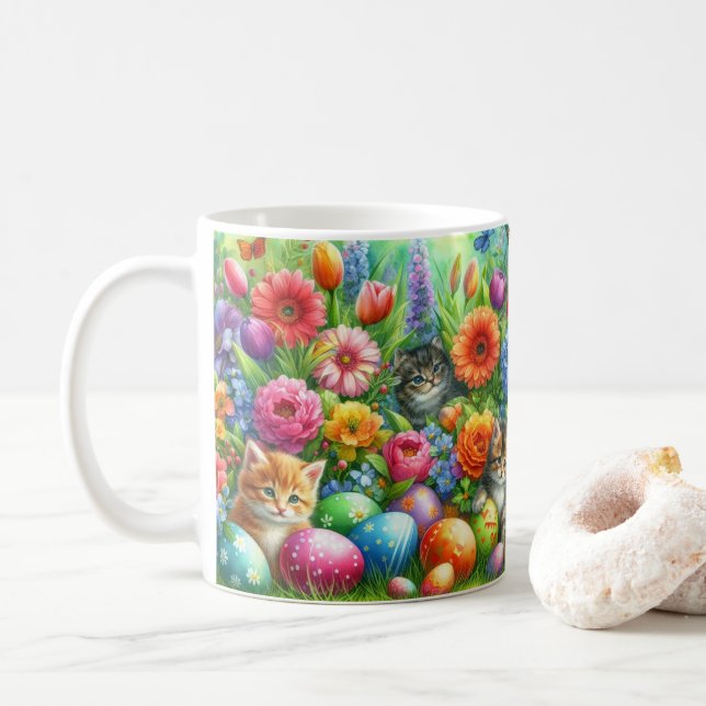 Colorful Easter Flowers and Cute Cats  Coffee Mug (With Donut)