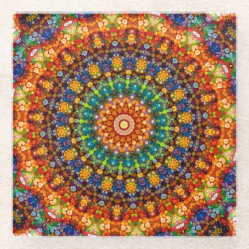 Colorful Easter Jellybean Mandala Kaleidoscope Glass Coaster