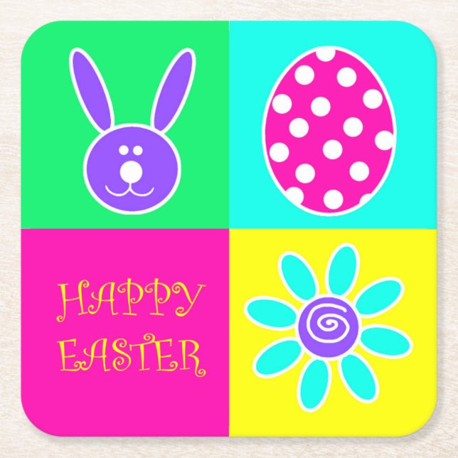 Colorful Easter Square Paper Coaster (Front)