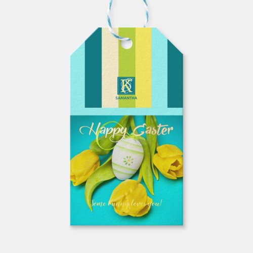 Colorful Easter Stripes Photo Monogram Gift Tags