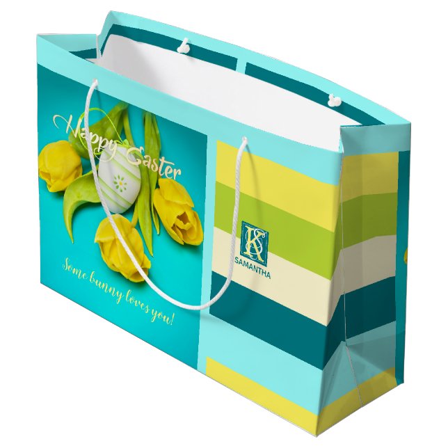 Colorful Easter Stripes Photo Monogram Large Gift Bag (Back Angled)