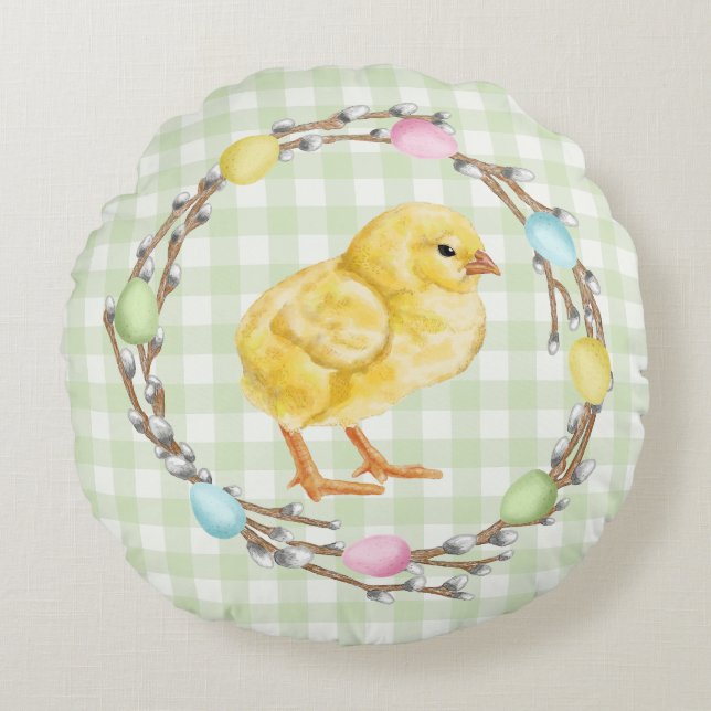 Colorful Easter Willow Wreath With Yellow Chick Round Pillow (Front)