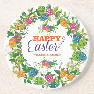 Colorful Easter Wreath With Eggs & Spring Flowers Drink Coaster