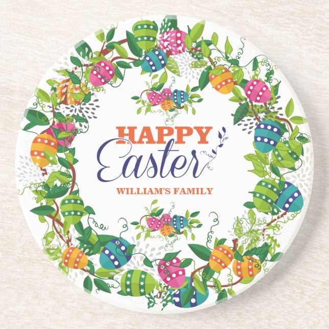 Colorful Easter Wreath With Eggs & Spring Flowers Drink Coaster (Front)