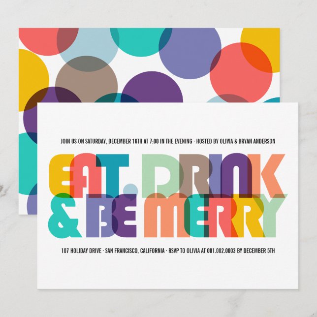 Colorful Eat Drink & Be Merry Holiday Party Invite (Front/Back)