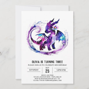 Colorful Editable Dragon Digital Girl Birthday Invitation