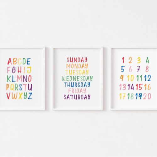 Colorful educational set of 3 wall art