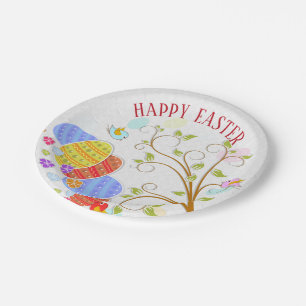 Colorful Eggs And Birds Flowers- Happy Easter Paper Plates