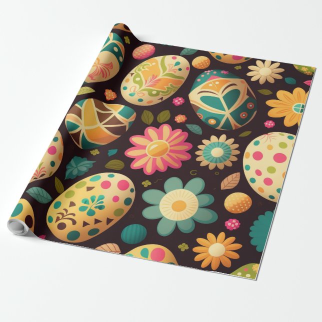 Colorful eggs and flowers Easter wrapping paper (Unrolled)