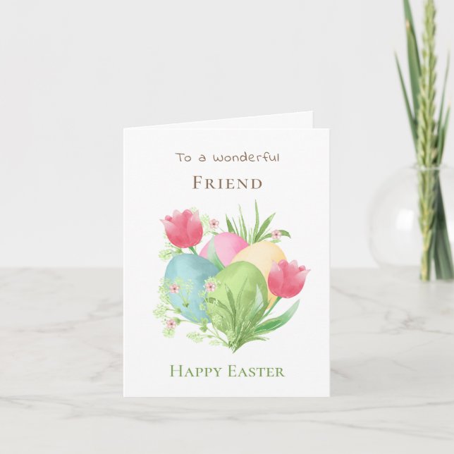 Colorful Eggs and Tulips Friend Easter  Card (Front)