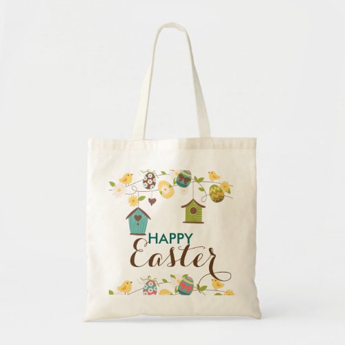 Colorful Eggs Flowers Bird_feeders Happy Easter Tote Bag