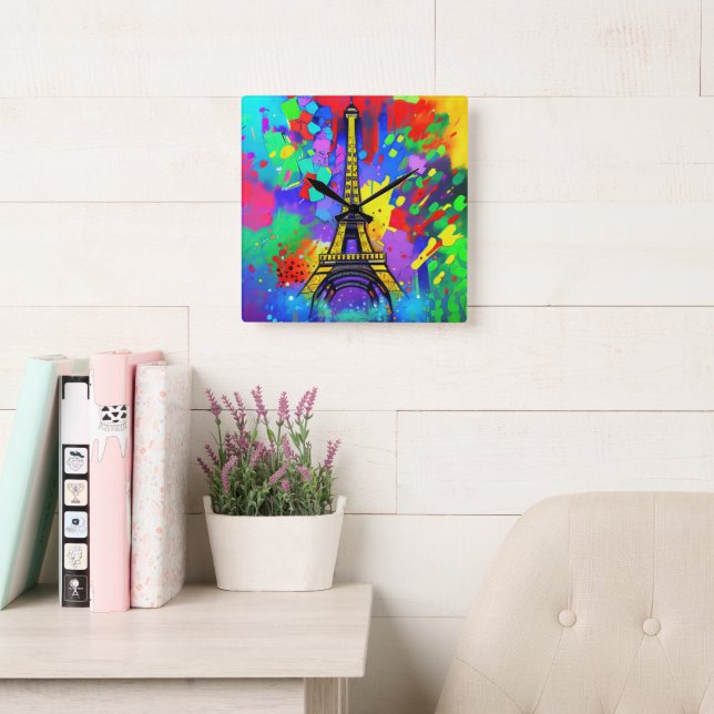 Colorful Eiffel painting Square Wall Clock (Reading Room)