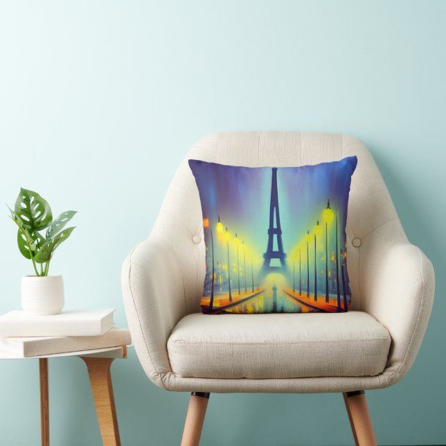 Colorful Eiffel Tower at Night Throw Pillow (Chair)