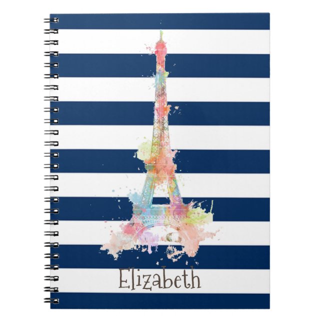 Colorful Eiffel Tower Navy Blue Stripes  Notebook (Front)